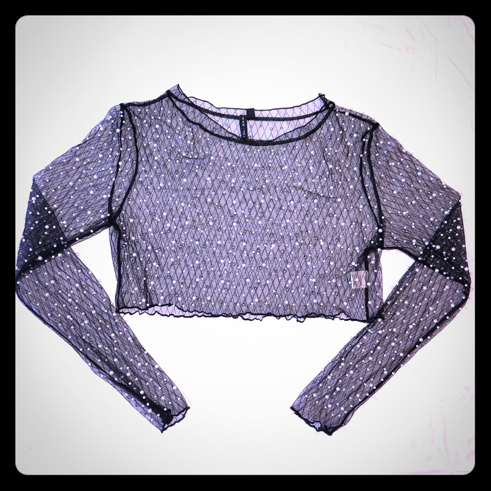 Black long sleeve mesh crop top with pearls